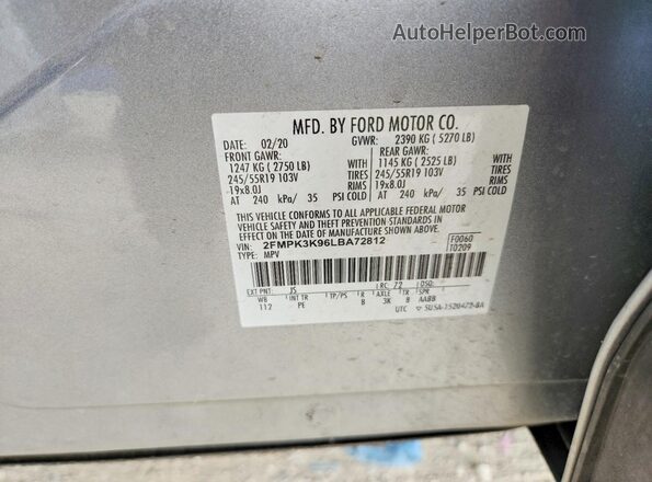 2FMPK3K96LBA72812 2020 FORD EDGE Silver Widok naklejki z numerem VIN