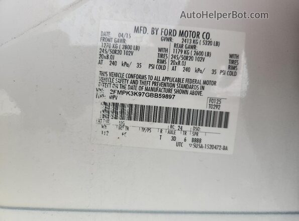 2FMPK3K97GBB59897 2016 FORD EDGE White Vista de la etiqueta del VIN