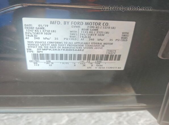 2FMPK3K97KBB54482 2019 FORD EDGE Black Вид наклейки з VIN-кодом