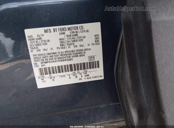 2FMPK3K97KBB93265 2019 FORD EDGE Blue Vista del compartimento del motor