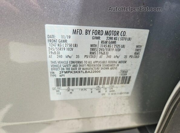 2FMPK3K97LBA22906 2020 FORD EDGE Silver Панорамний вид салону 360°