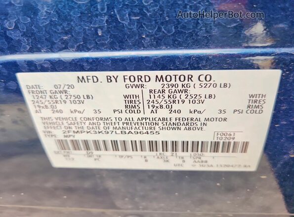 2FMPK3K97LBA96455 2020 FORD EDGE Синий Вид наклейки с VIN-кодом