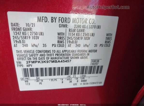 2FMPK3K97MBA45457 2021 FORD EDGE Red Engine compartment view