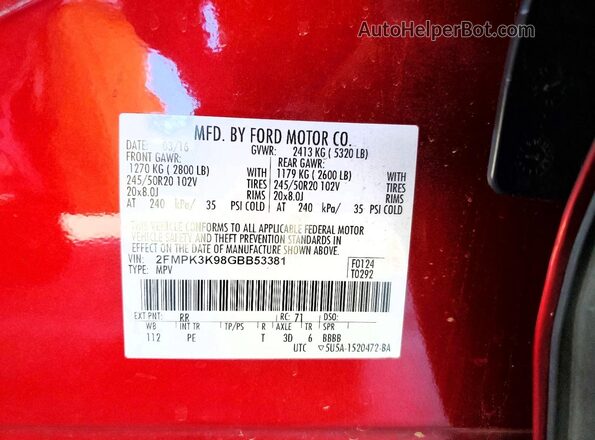 2FMPK3K98GBB53381 2016 FORD EDGE Red VIN sticker view