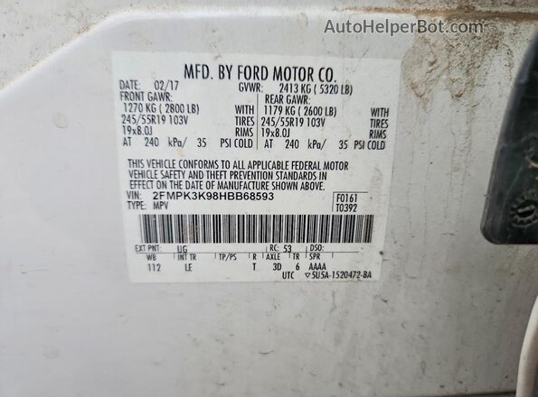 2FMPK3K98HBB68593 2017 FORD EDGE White Widok komory silnika