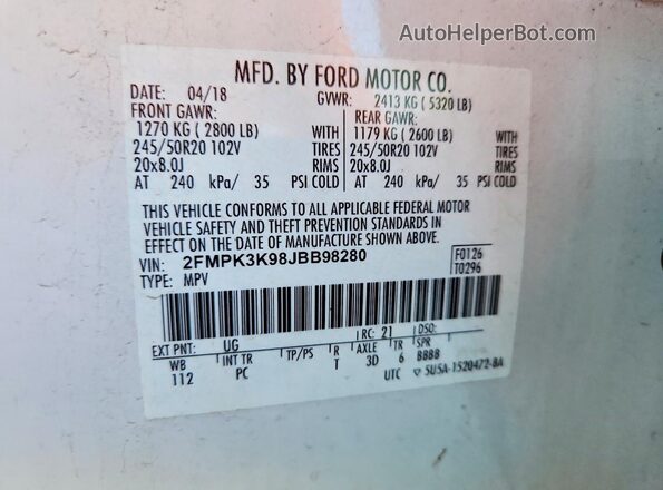 2FMPK3K98JBB98280 2018 FORD EDGE White VIN კოდის სტიკერის ხედი