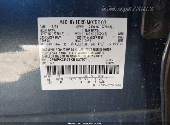2FMPK3K98KBB27971 2019 FORD EDGE Blue Շարժիչի բաժամունքի տեսք