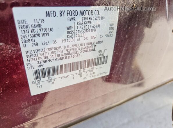 2FMPK3K98KBB36654 2019 FORD EDGE Burgundy 