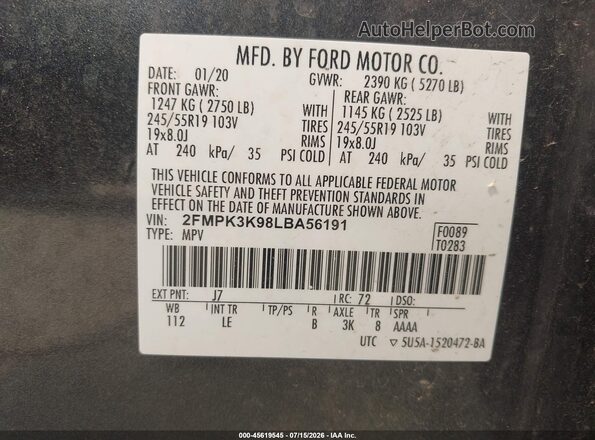 2FMPK3K98LBA56191 2020 FORD EDGE Серый Вид подкапотного пространства