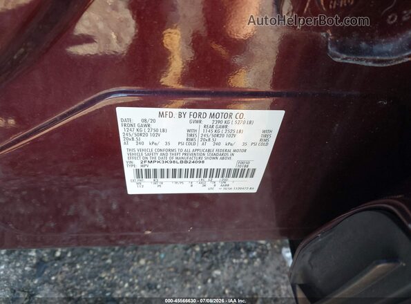 2FMPK3K98LBB24098 2020 FORD EDGE Maroon Vista del compartimento del motor
