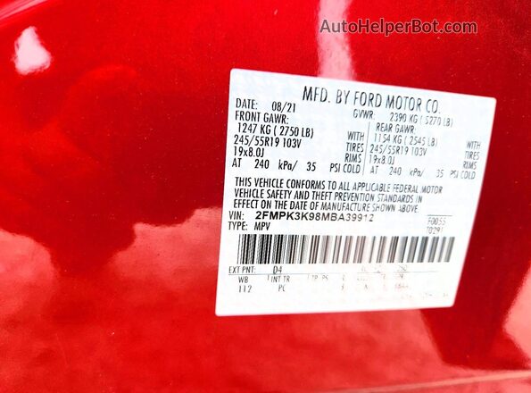 2FMPK3K98MBA39912 2021 FORD EDGE Red VIN კოდის სტიკერის ხედი