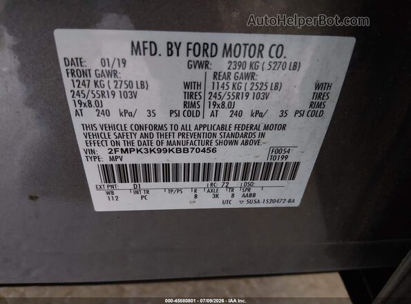 2FMPK3K99KBB70456 2019 FORD EDGE Gray ძრავის განყოფილების ხედი
