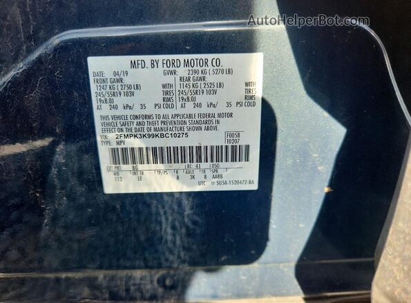 2FMPK3K99KBC10275 2019 FORD EDGE Blue Widok komory silnika