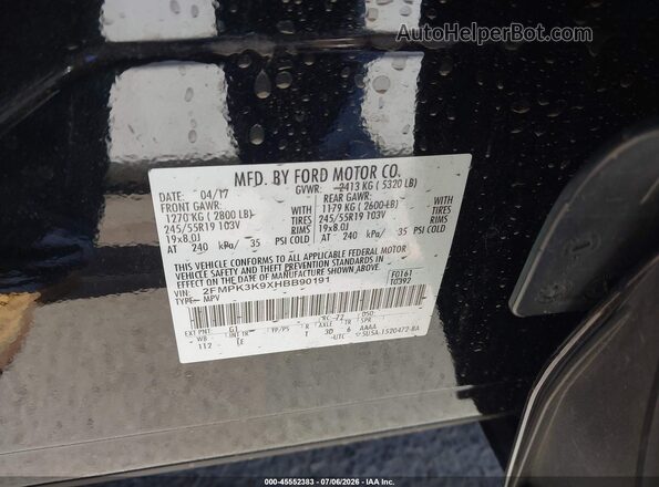 2FMPK3K9XHBB90191 2017 FORD EDGE Black Вид підкапотного простору
