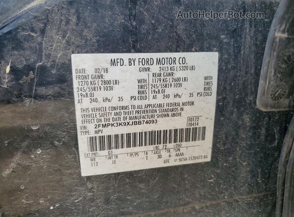 2FMPK3K9XJBB74093 2018 FORD EDGE Black VIN კოდის სტიკერის ხედი