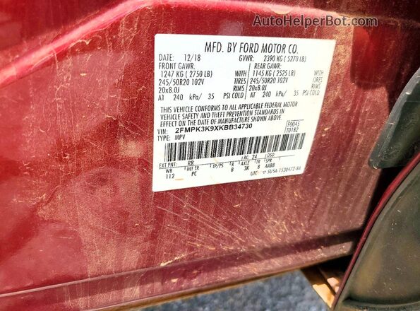 2FMPK3K9XKBB34730 2019 FORD EDGE Red Widok komory silnika