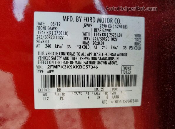2FMPK3K9XKBC57346 2019 FORD EDGE Red Սալոնի 360 աստիճան տեսք