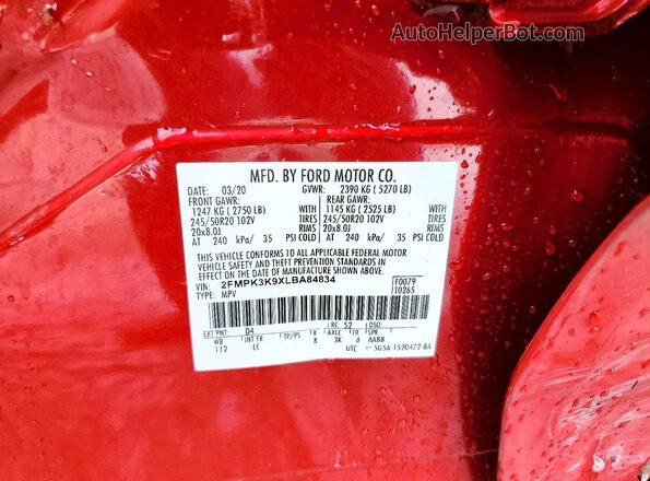 2FMPK3K9XLBA84834 2020 FORD EDGE Red Vista del compartimento del motor