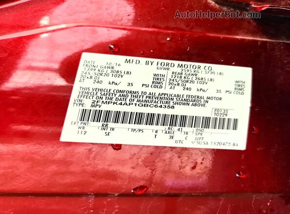 2FMPK4AP1GBC64358 2016 FORD EDGE Red VIN կոդի պիտակի տեսք