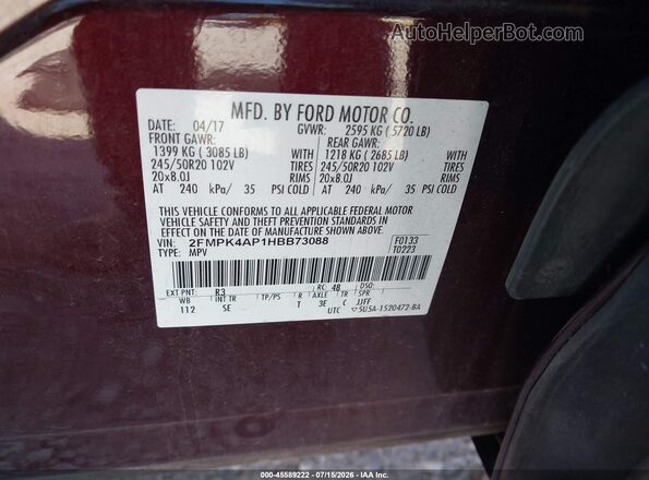 2FMPK4AP1HBB73088 2017 FORD EDGE Maroon Engine compartment view
