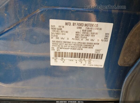 2FMPK4AP1KBB12878 2019 FORD EDGE Blue Vista del compartimento del motor