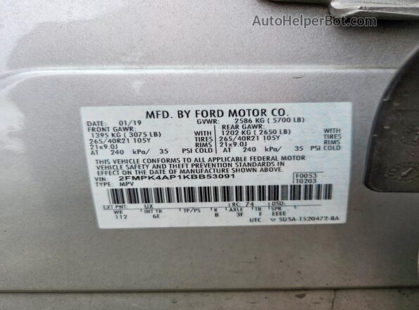 2FMPK4AP1KBB53091 2019 FORD EDGE Серебряный Вид наклейки с VIN-кодом