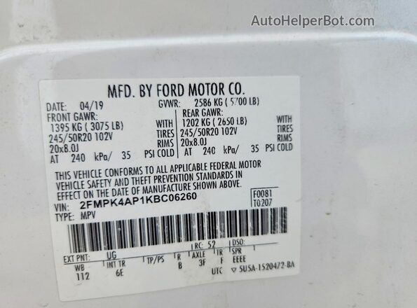 2FMPK4AP1KBC06260 2019 FORD EDGE White VIN კოდის სტიკერის ხედი