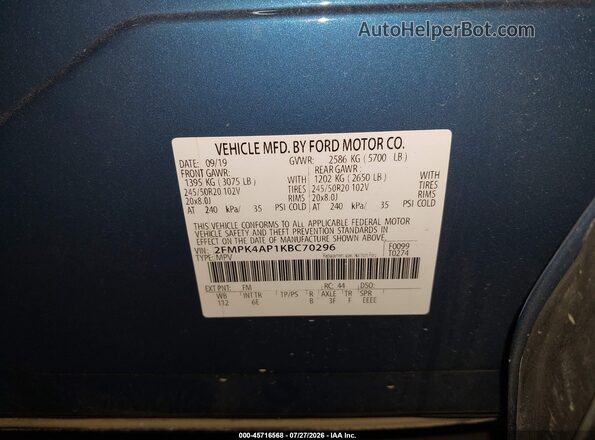 2FMPK4AP1KBC70296 2019 FORD EDGE Blue ძრავის განყოფილების ხედი