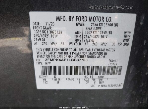 2FMPK4AP1LBB37703 2020 FORD EDGE Gray Widok komory silnika