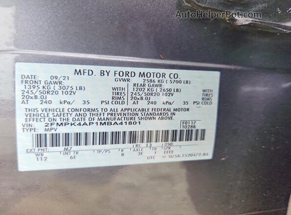 2FMPK4AP1MBA41801 2021 FORD EDGE Gray Vista de la etiqueta del VIN