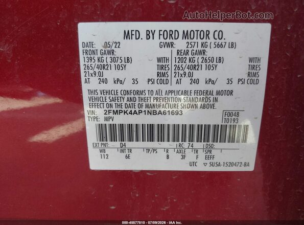 2FMPK4AP1NBA61693 2022 FORD EDGE Red Vista del compartimento del motor