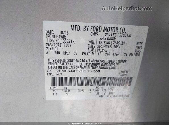 2FMPK4AP2GBC56558 2016 FORD EDGE Gray Շարժիչի բաժամունքի տեսք