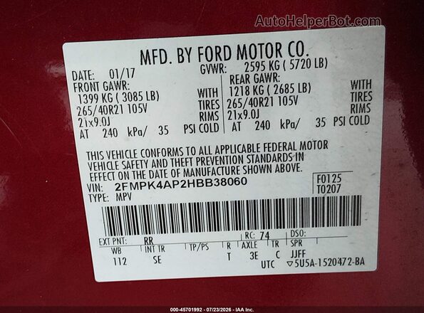 2FMPK4AP2HBB38060 2017 FORD EDGE Бордовый Вид подкапотного пространства