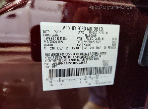 2FMPK4AP2HBC02632 2017 FORD EDGE Бордовый Вид наклейки с VIN-кодом