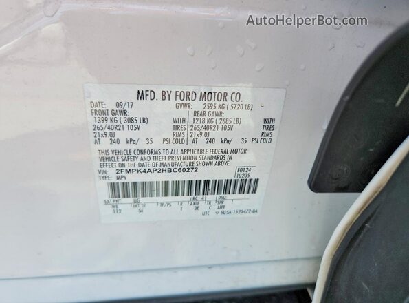 2FMPK4AP2HBC60272 2017 FORD EDGE White Vista de la etiqueta del VIN
