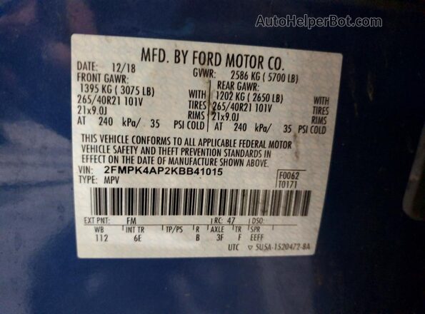 2FMPK4AP2KBB41015 2019 FORD EDGE Blue Вид наклейки з VIN-кодом