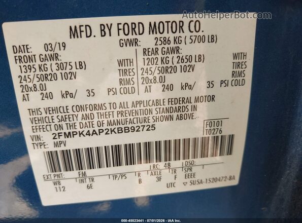 2FMPK4AP2KBB92725 2019 FORD EDGE Синий Вид подкапотного пространства