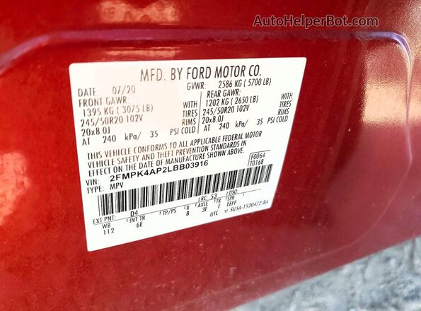 2FMPK4AP2LBB03916 2020 FORD EDGE Red VIN sticker view