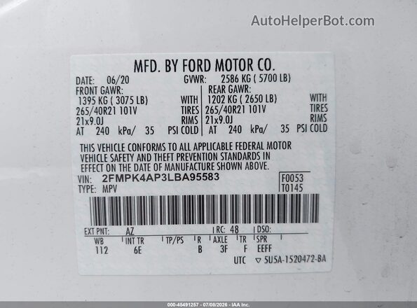 2FMPK4AP3LBA95583 2020 FORD EDGE White Vista del compartimento del motor