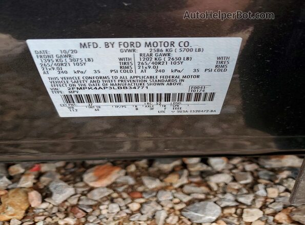 2FMPK4AP3LBB34771 2020 FORD EDGE Gray Вид наклейки з VIN-кодом