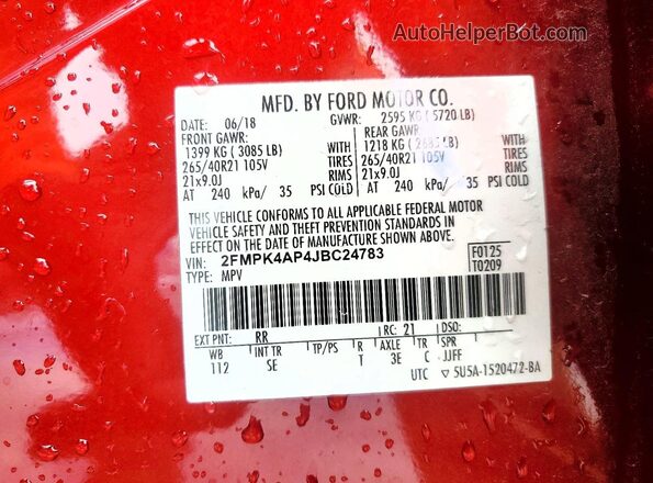 2FMPK4AP4JBC24783 2018 FORD EDGE Red Вид наклейки з VIN-кодом