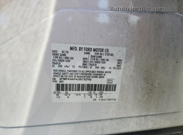 2FMPK4AP4JBC52762 2018 FORD EDGE White Vista de la etiqueta del VIN