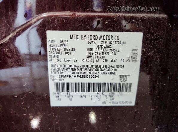 2FMPK4AP4JBC60294 2018 FORD EDGE Maroon Engine compartment view
