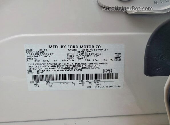 2FMPK4AP4KBB21879 2019 FORD EDGE White VIN կոդի պիտակի տեսք