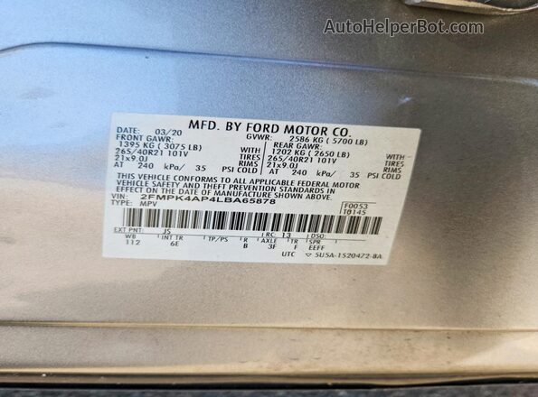 2FMPK4AP4LBA65878 2020 FORD EDGE Silver სალონის 360-გრადუსიანი ხედი