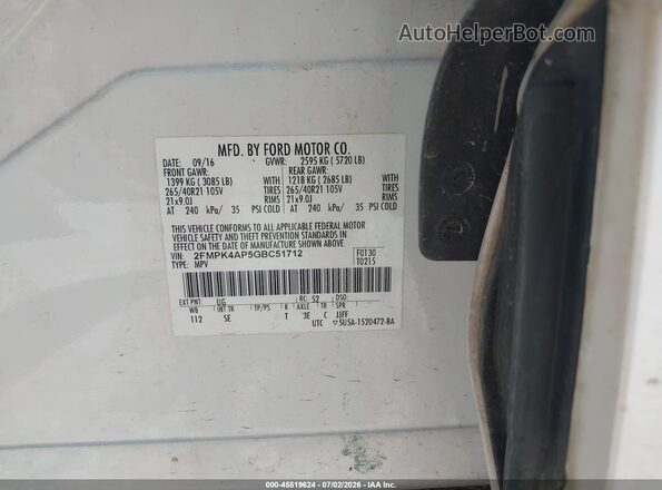 2FMPK4AP5GBC51712 2016 FORD EDGE Белый Вид подкапотного пространства