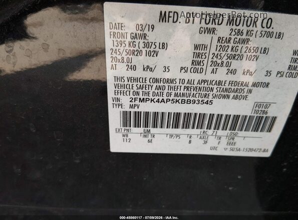 2FMPK4AP5KBB93545 2019 FORD EDGE Black Շարժիչի բաժամունքի տեսք