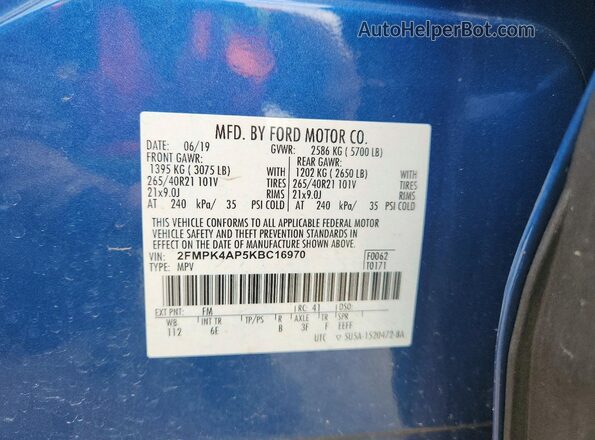 2FMPK4AP5KBC16970 2019 FORD EDGE Blue Widok naklejki z numerem VIN