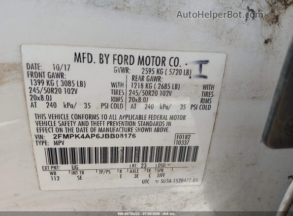 2FMPK4AP6JBB08176 2018 FORD EDGE White ძრავის განყოფილების ხედი