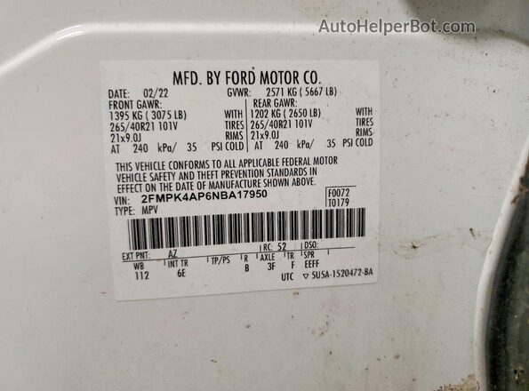 2FMPK4AP6NBA17950 2022 FORD EDGE White VIN sticker view